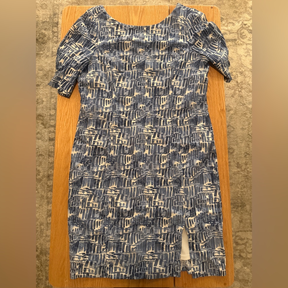 Michael Tyler Blue Abstract Shift Dress L Short Sleeve Lined Work Office Dress